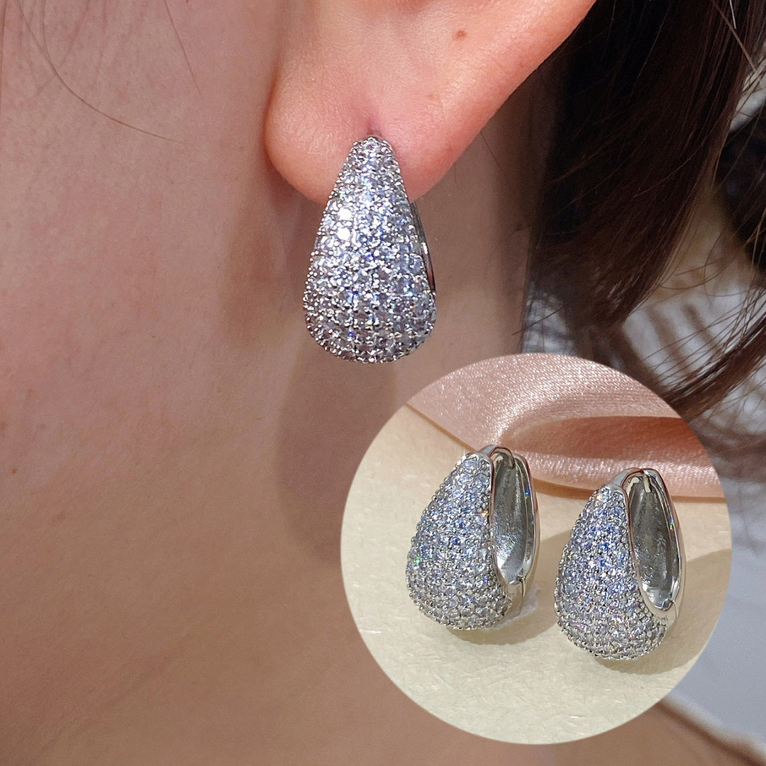 Full Paved Teardrop Hoop Earrings, Luxury Micro Paved Diamond 3D Water Drop Leverback Earrings for Women