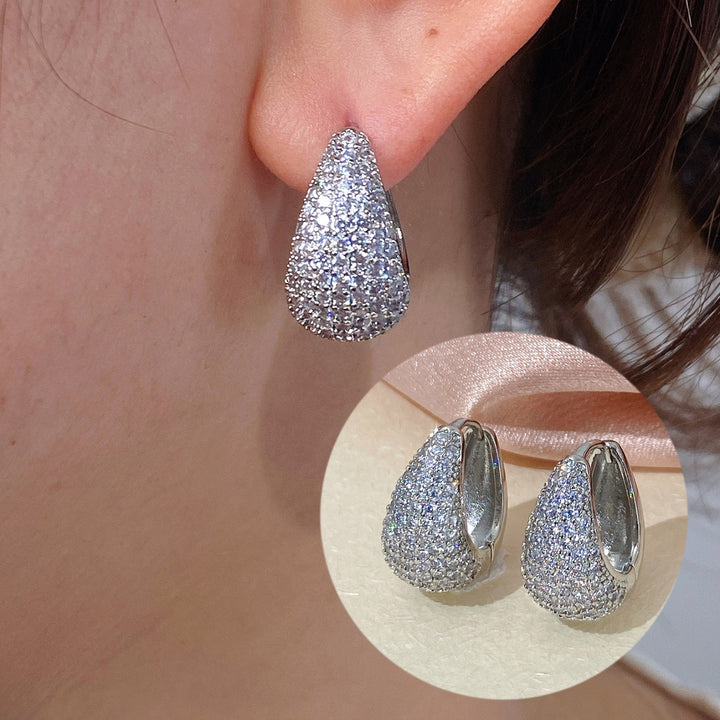Full Paved Teardrop Hoop Earrings, Luxury Micro Paved Diamond 3D Water Drop Leverback Earrings for Women