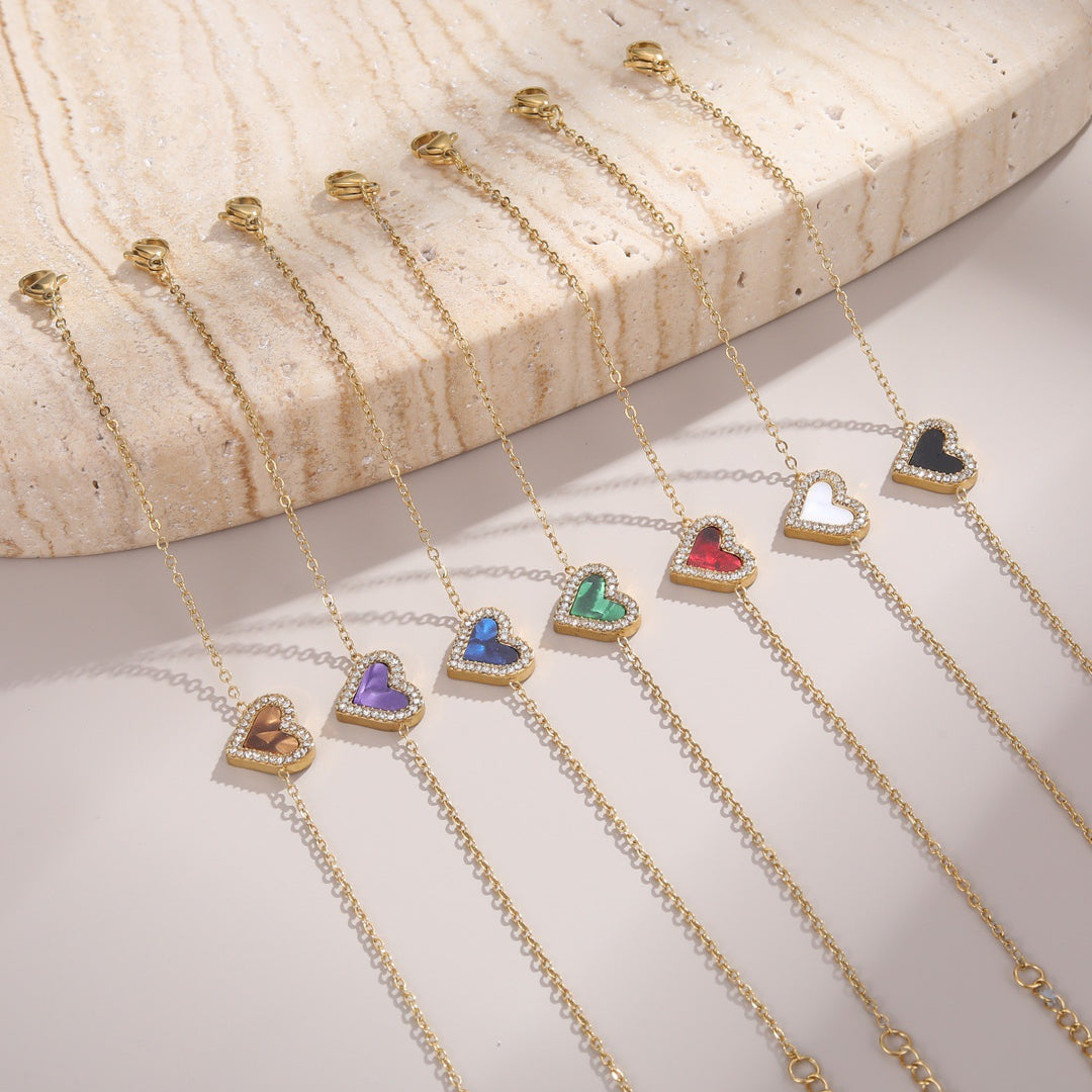 White Shell & Diamond Heart Pendant Necklace & Bracelet Set (Elegant Daily Jewelry Set)