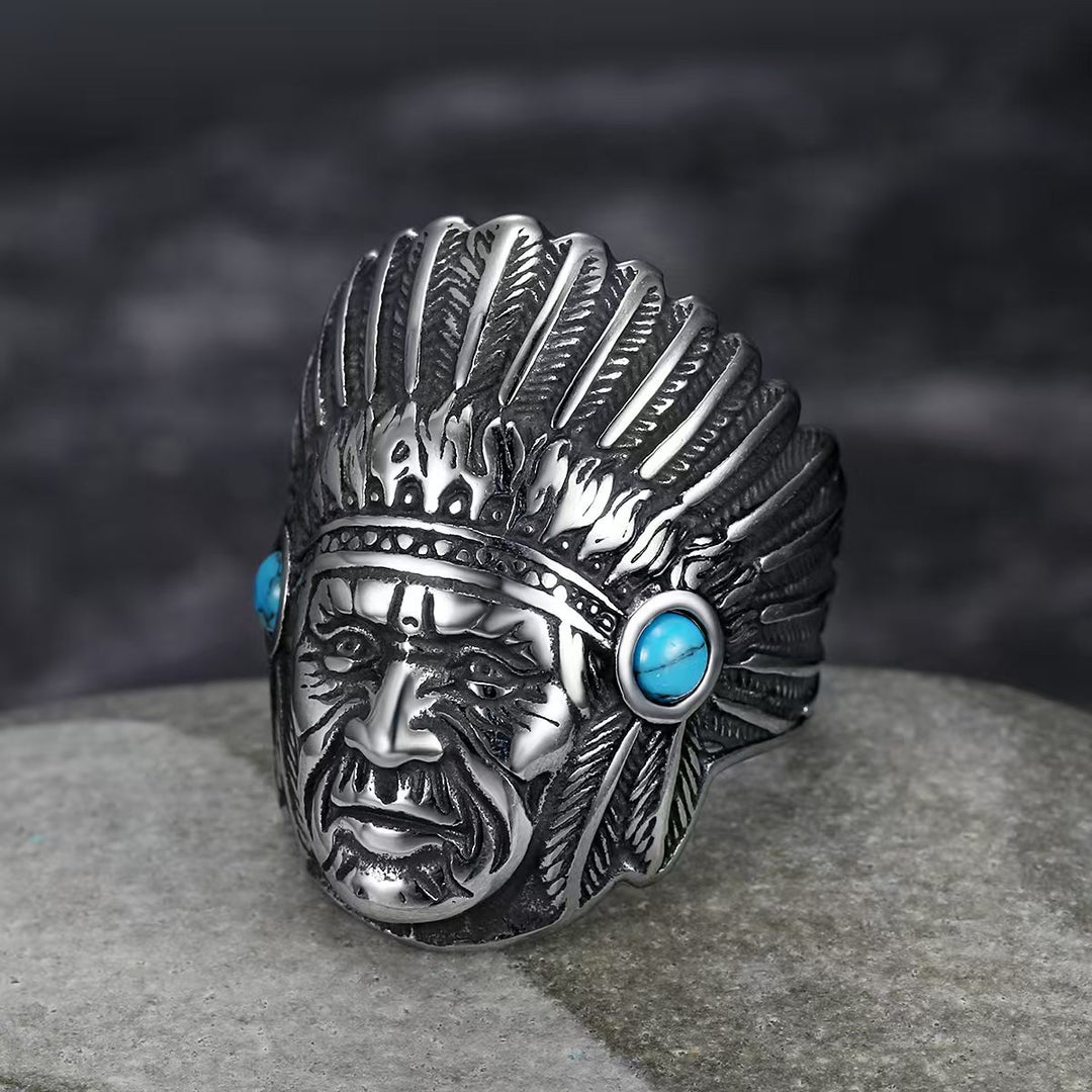 3D Embossed Native American Chief Turquoise Ring, S925 Silver Antiqued Western Vintage Wide Band For Men