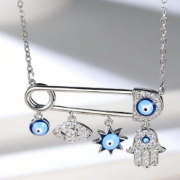 Evil Eye Safety Pin Pendant Necklace (3 Colors Turkish Inspired Choker)