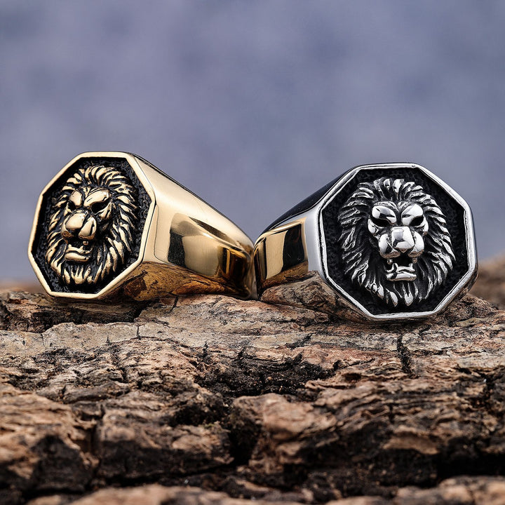 3D Lion Head Embossed Octagon Signet Ring, S925 Silver Full Gold / Silver / Silver-Gold Contrast Bold Men’s Band