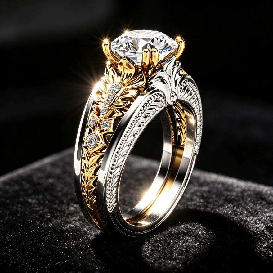 Two-Tone Vintage Floral Engraved Ring, European Relief Round Diamond Gothic Statement Band For Women