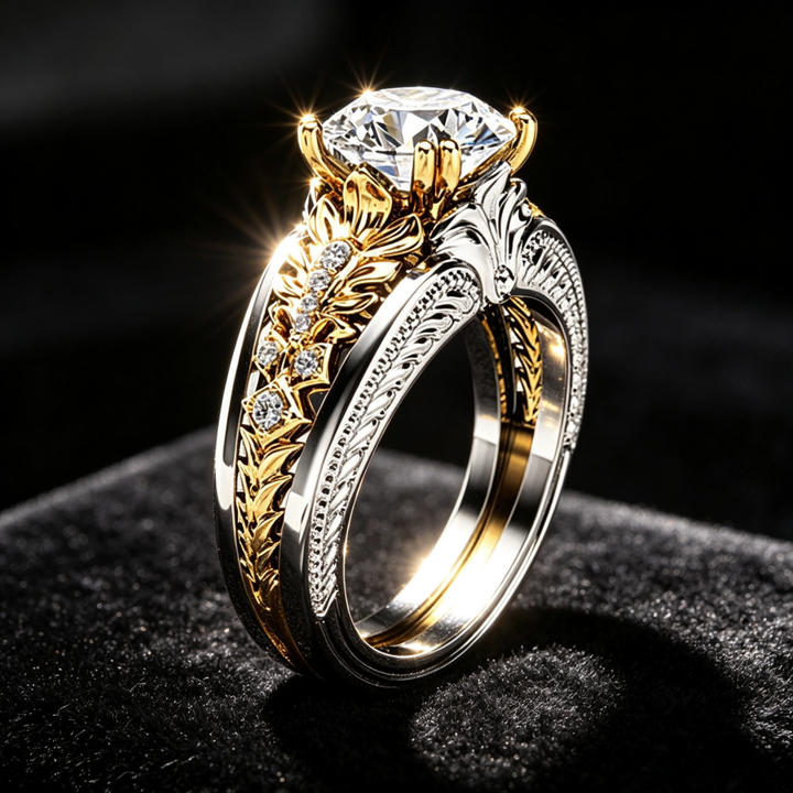 Two-Tone Vintage Floral Engraved Ring, European Relief Round Diamond Gothic Statement Band For Women