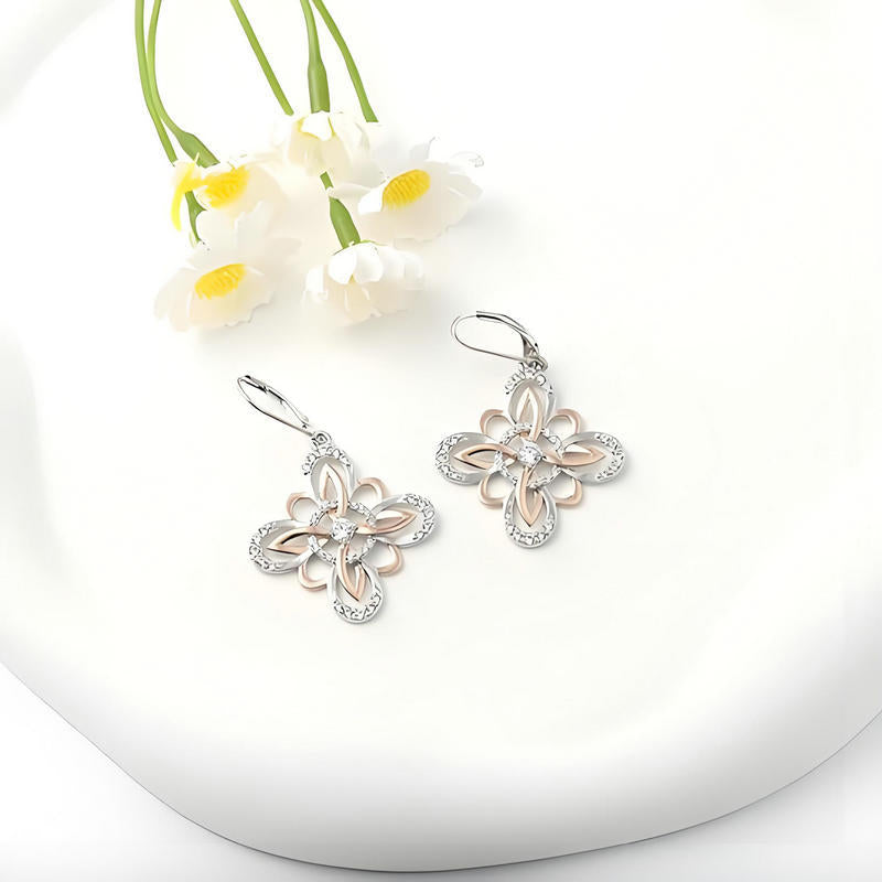 S925 Silver Two‑Tone Celtic Knot Flower Drop Earrings, Vintage Open‑Work Leverback Earrings for Women