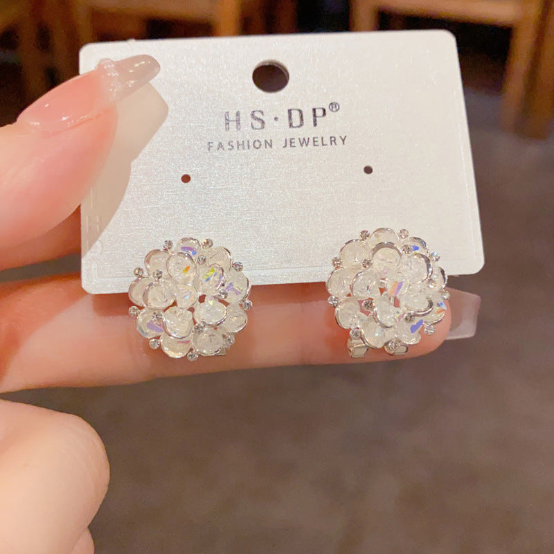 Iridescent White Crystal Hydrangea Clip-On Solid S925 Silver Earrings