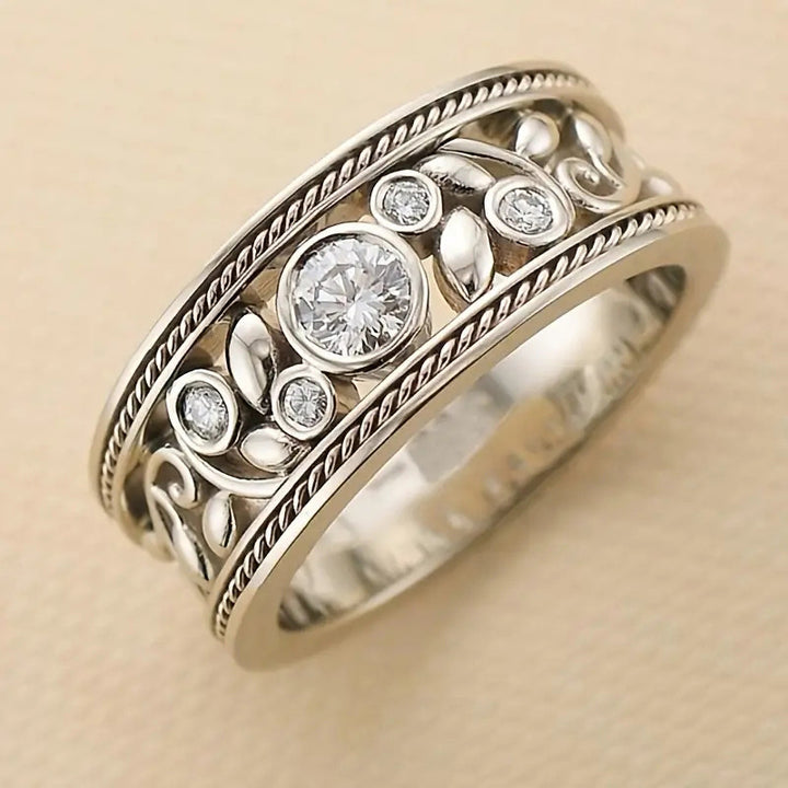 Vintage Filigree Diamond Wide Band Ring (Ornate Silver Tone Statement Ring)