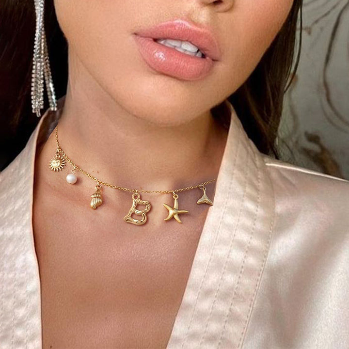 Ocean Vacation Multi-Charm Initial Choker, Starfish Shell Mermaid Tail Sun Pearl Custom Letter Thin Necklace for Women