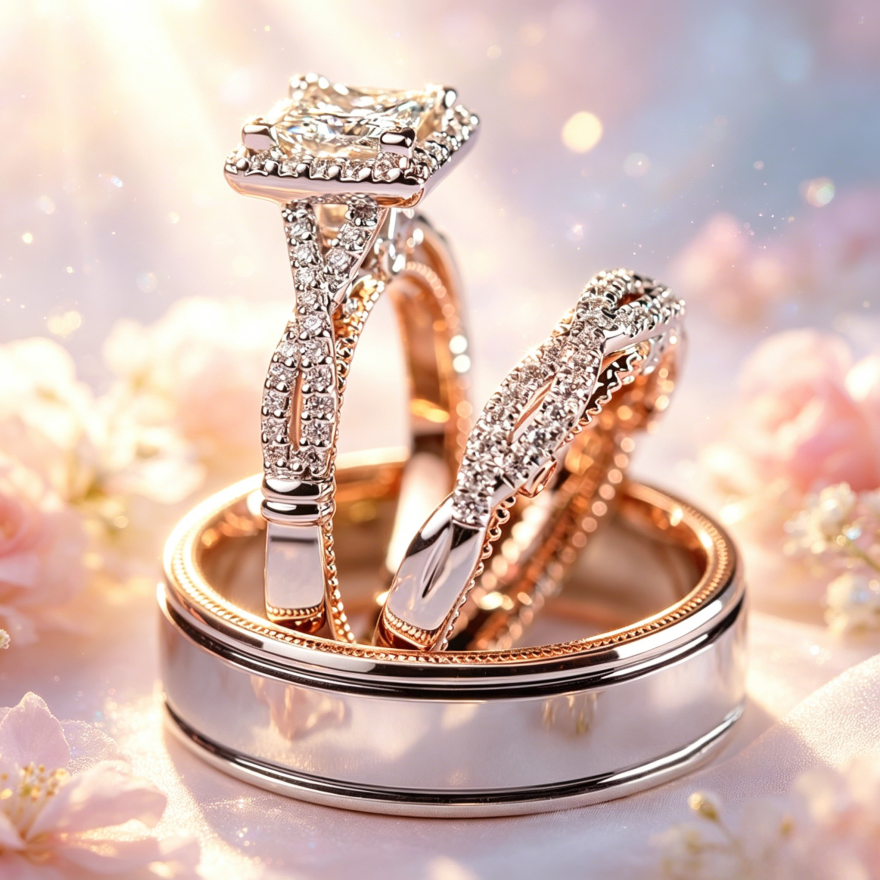 Princess Cut Twisted Paved Three-Piece Wedding Ring Set, Gold Silver Rose Gold Luxury Engagement Matching Ring Set