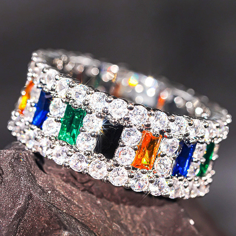 Rainbow Double-Row Pavé Diamond Ring (Hip-Hop Luxury Men's Band)