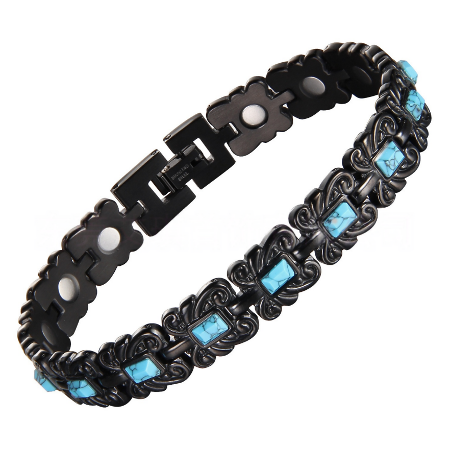 Vintage Carved Turquoise Titanium Steel Bracelet, 2-Tone Ethnic Link Bangle for Men