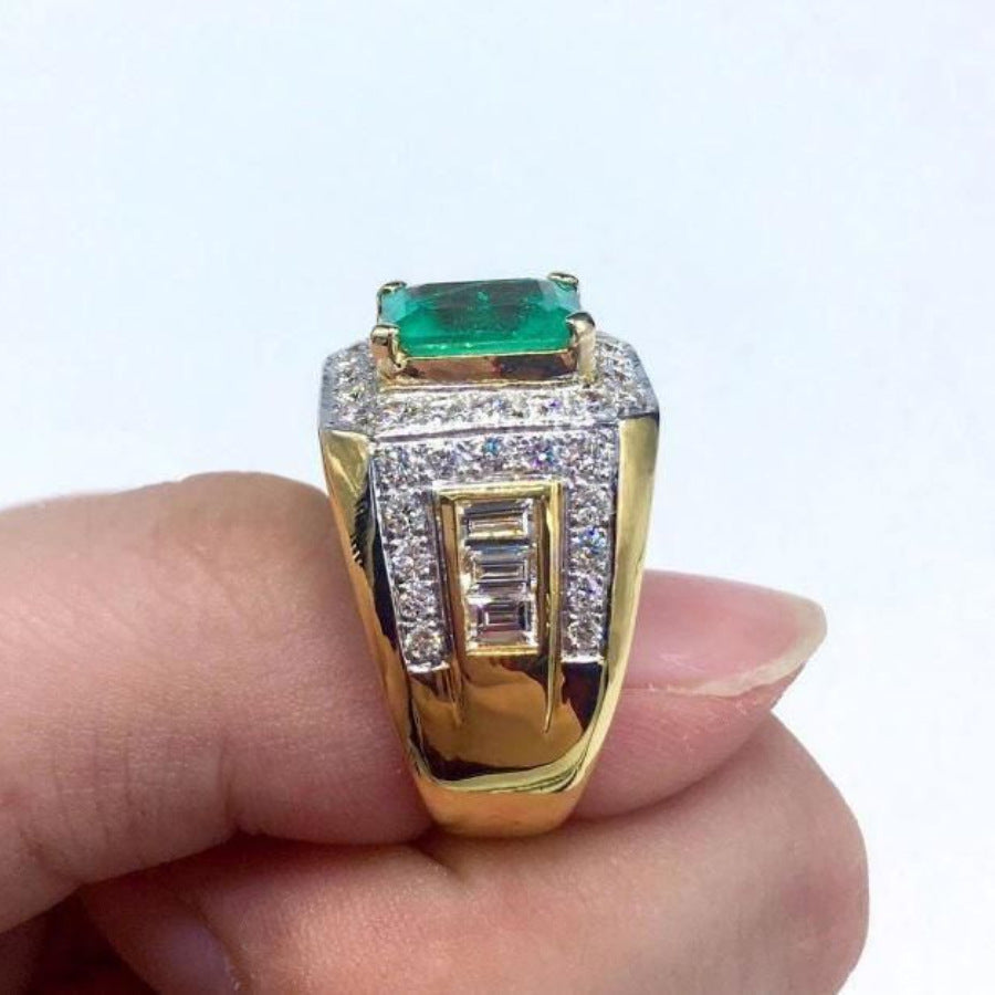 Men’s Square Green Center Stone Halo Bold Ring