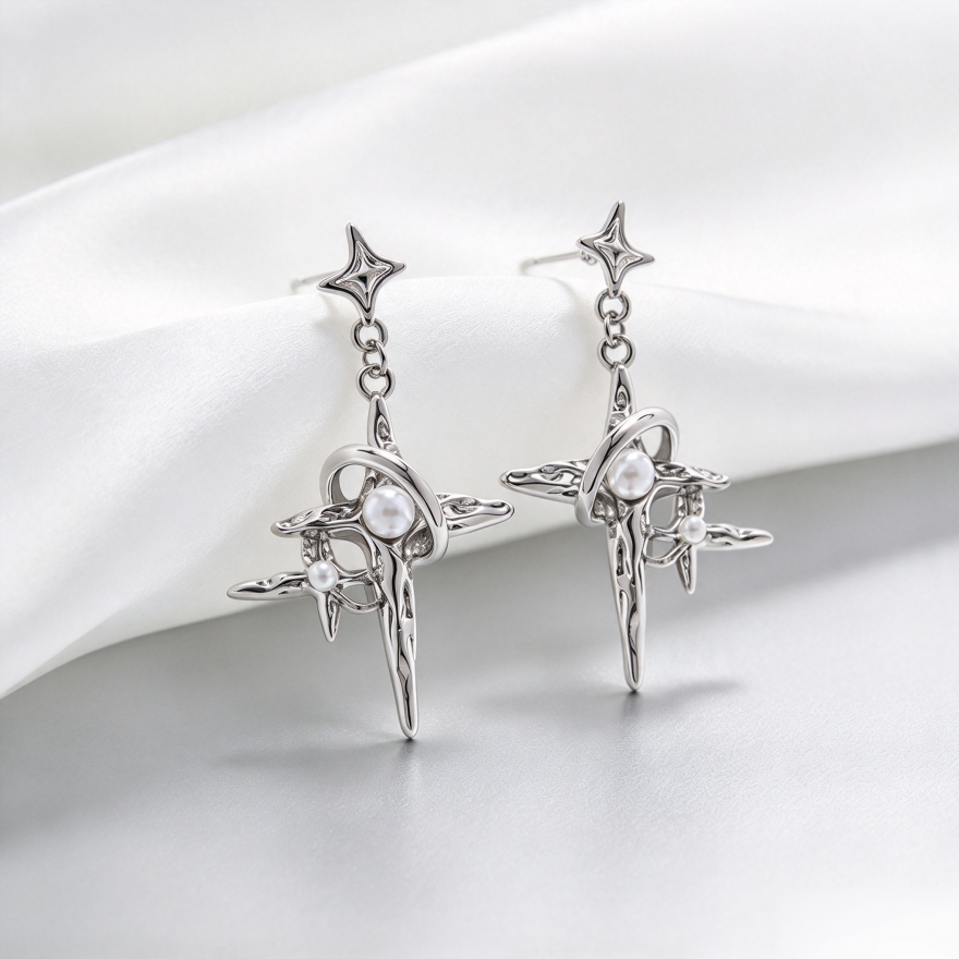 Star Wrapped Pearl Cross S925 Silver Drop Earrings