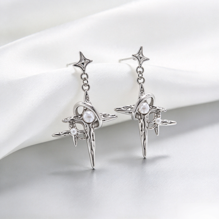 Star Wrapped Pearl Cross S925 Silver Drop Earrings