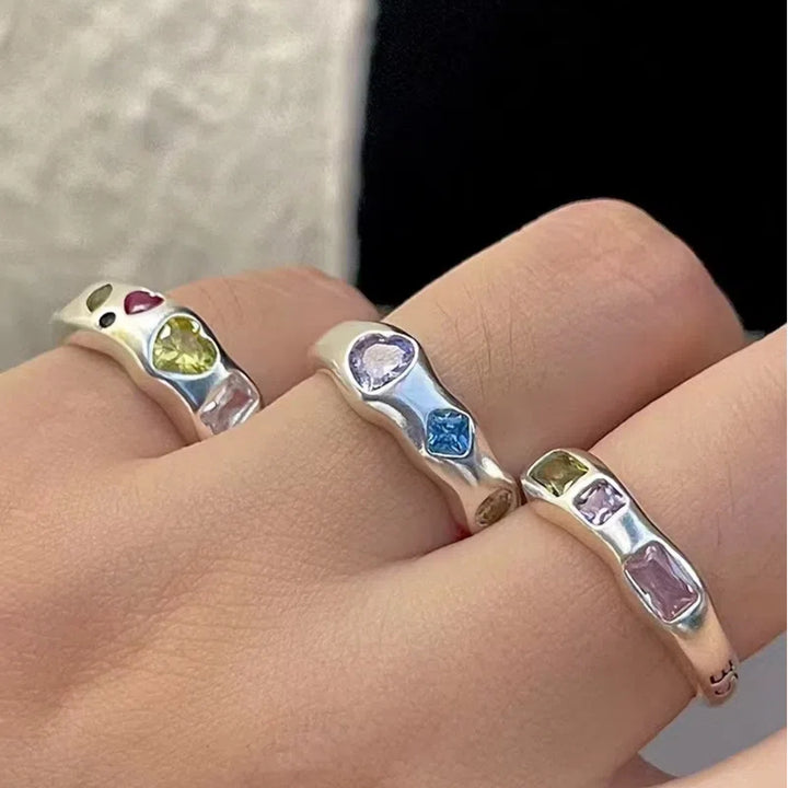Irregular Curved Color‑Stone Open‑Band S925 Sterling Silver Ring, Multiple Colors Available
