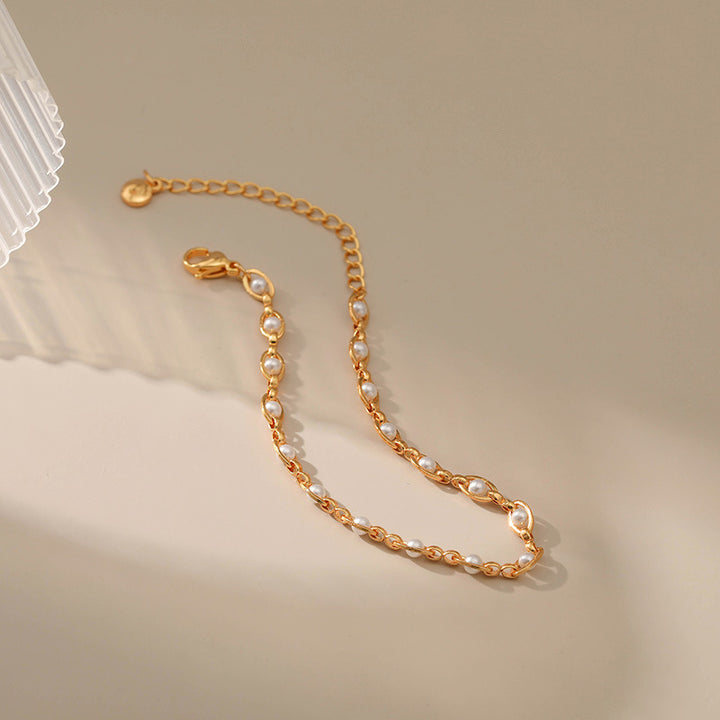 Bezel Set Natural Pearl Thin Chain Bracelet, Gold-Plated S925 Sterling Silver Minimalist Luxury Bracelet for Women