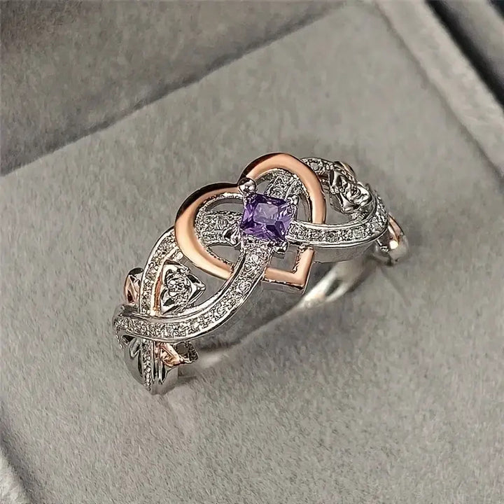 Two‑Tone Interlaced Heart Square Purple Diamond Ring