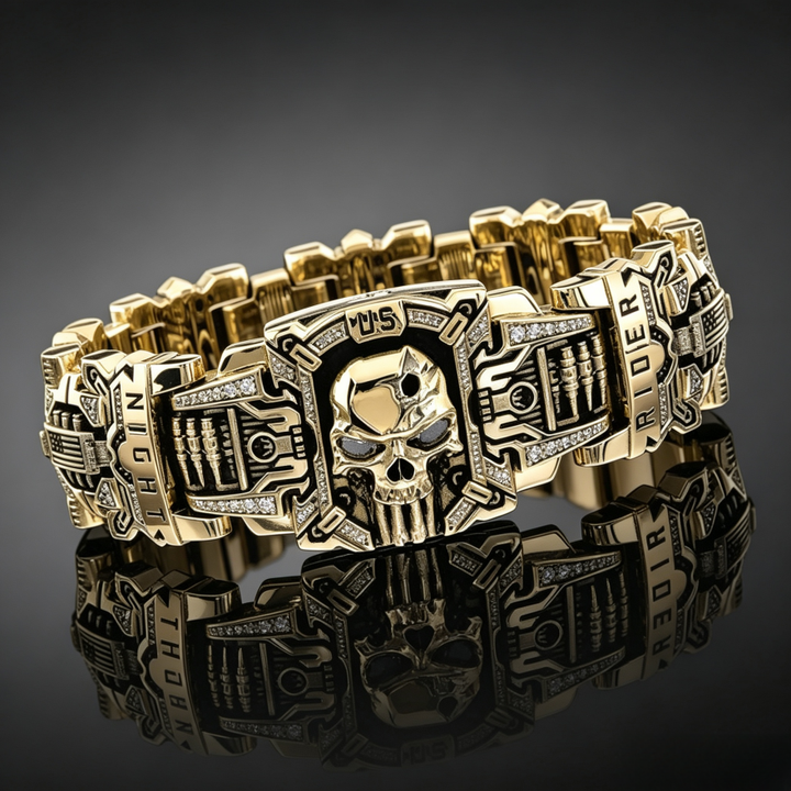 American Biker Rider Segmented Embossed Skull Crystal Wide Signet Ring, S925 Silver Two-Tone Gold & Black Vintage Men Band
