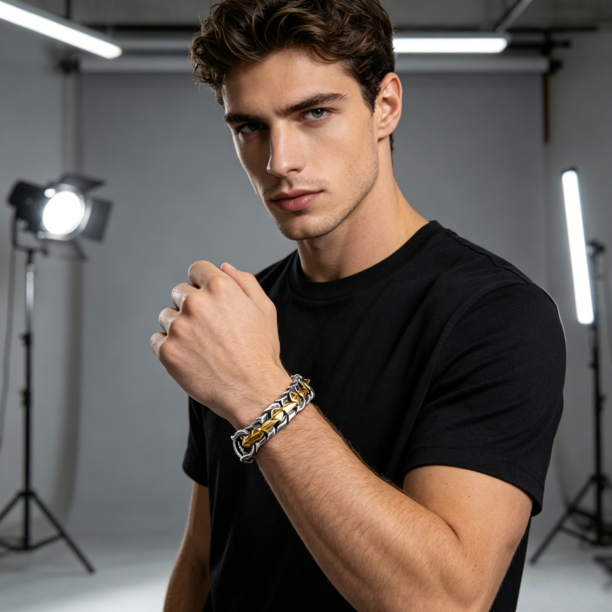 3D Monster Bone Titanium Steel Men's Bracelet, Gold Silver Two-Tone Tough Scale Thick Chain Vintage Wrist Jewelry