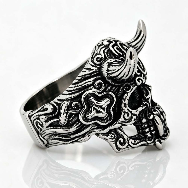 Horned Tusk Carved Skull Ring, S925 Silver Antiqued Viking Gothic Dark Statement Band For Men