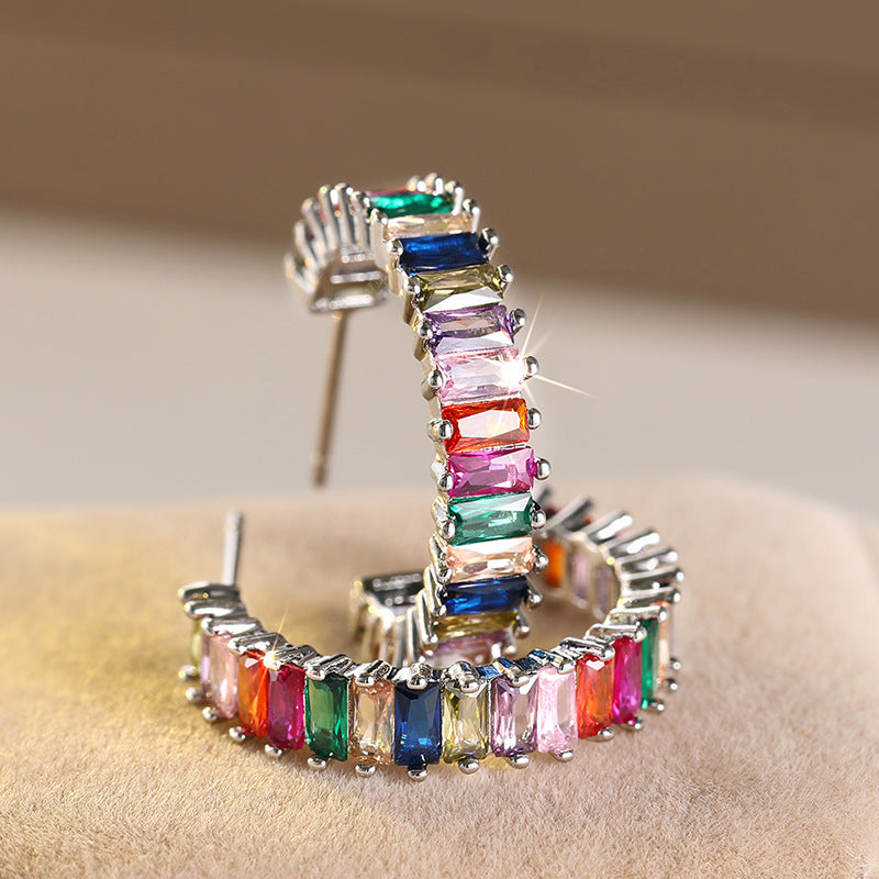 Rainbow Baguette Diamond Curved Stud Earrings (Silver Luxury Women's Earrings)