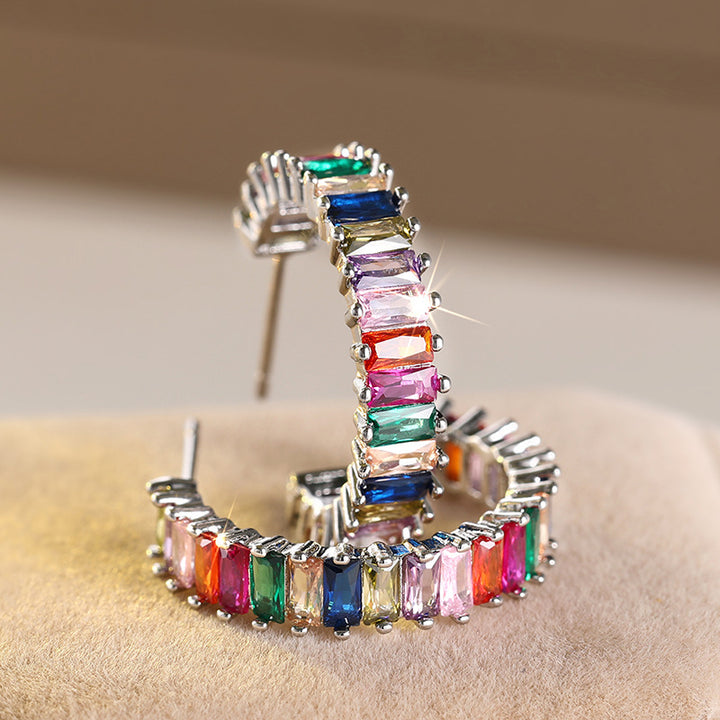 Rainbow Baguette Diamond Curved Stud Earrings (Silver Luxury Women's Earrings)