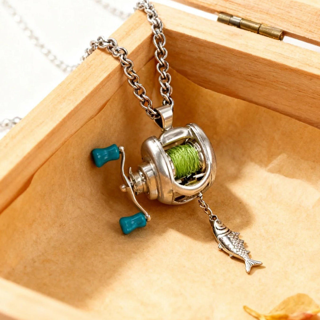 Mini Fishing Reel Pendant Necklace (Antique Silver Men's Unique Jewelry)