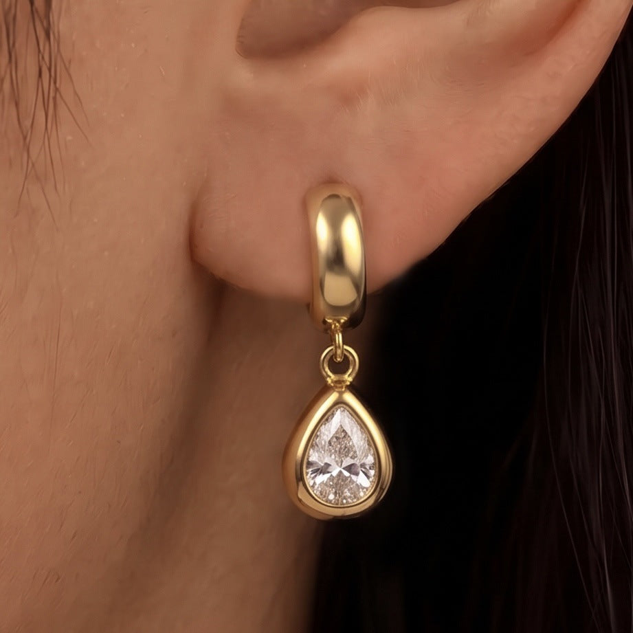 S925 Silver Bezel Set Round & Pear Diamond Huggie Earrings, Polished Hoop Removable Charm Drop Earrings