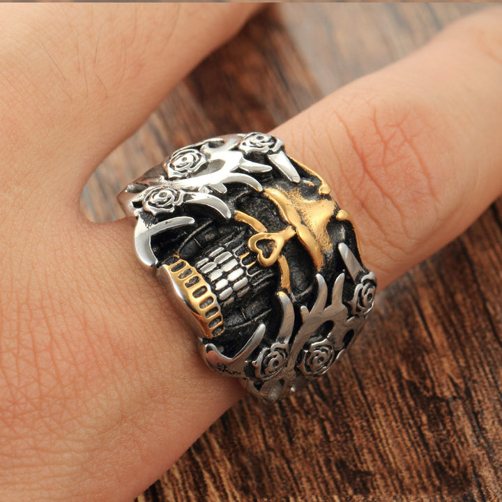 Two-Tone Gold Inlaid Rose Skull Vintage Ring, S925 Silver Antiqued Dark Biker Wide Band For Men