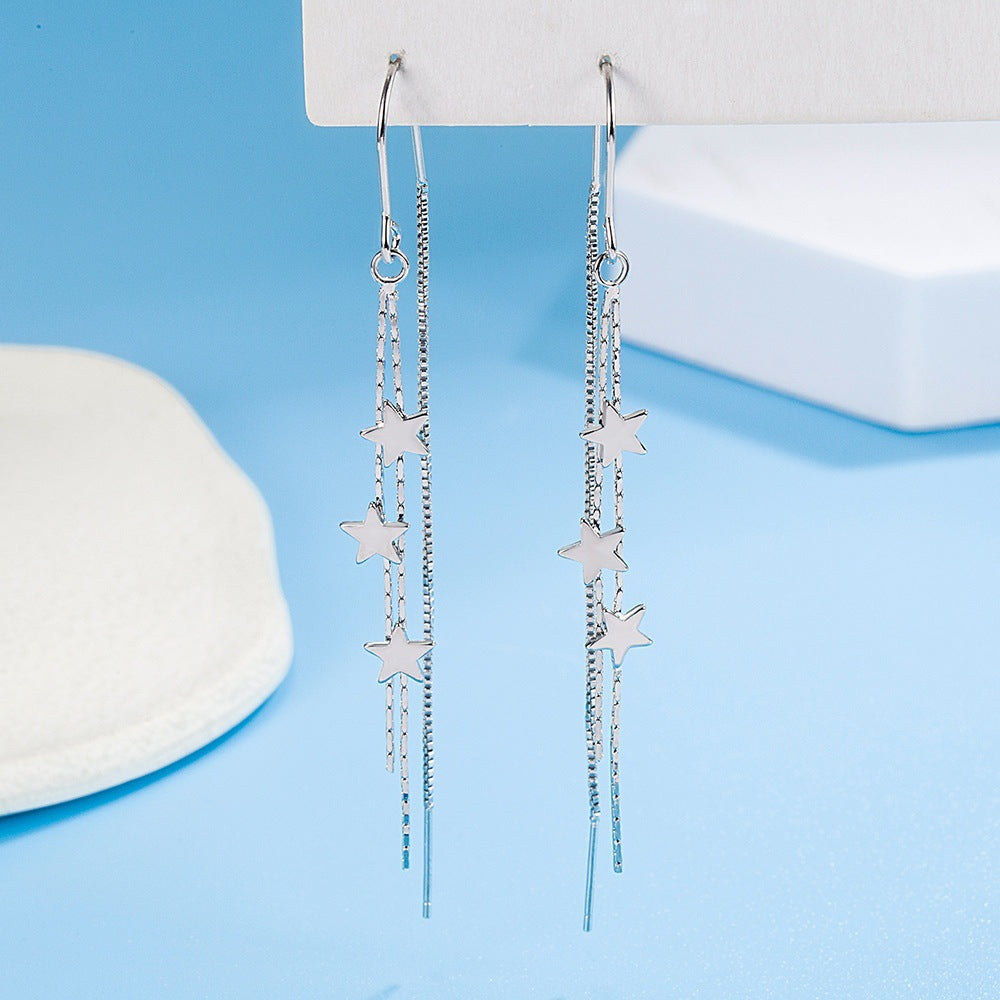 Multi-Layer Star Long Tassel Hook Earrings, Triple Star Snake Chain Slimming Sweet Silver Dangle Jewelry