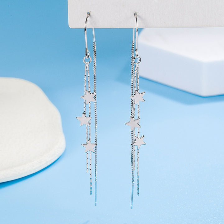 Multi-Layer Star Long Tassel Hook Earrings, Triple Star Snake Chain Slimming Sweet Silver Dangle Jewelry