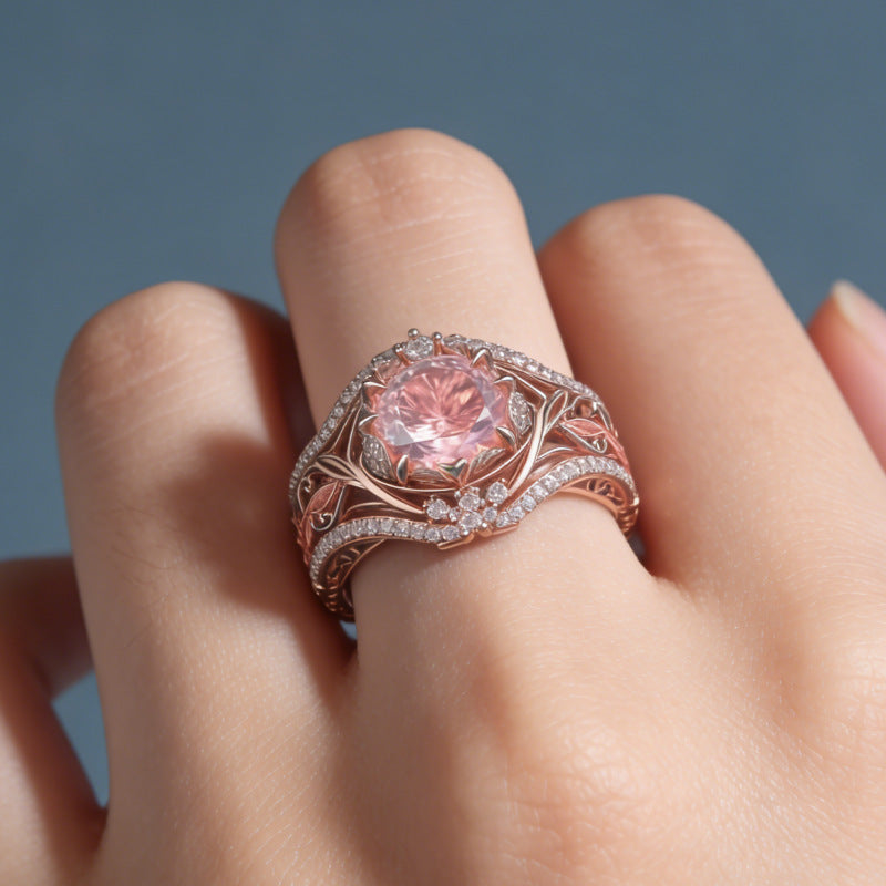 Rose Gold Lotus Pink Diamond Hollow Ring, S925 Silver Vintage Floral Luxury Women Ring