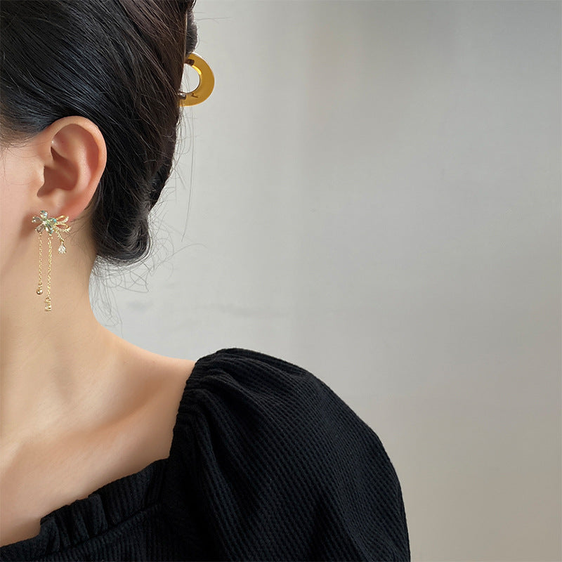 Light Blue Crystal Flower Tassel Stud Earrings, Fresh Blue Diamond Floral Long Chain Earrings, Gold & Silver Two Tones Available