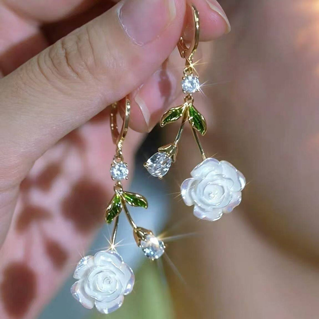 White Rose Branch Drop Leverback Earrings