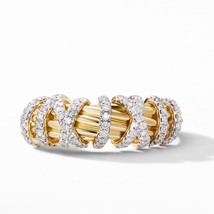 Two-Tone Intertwined Twist Multi-Layer Diamond Ring, Luxury Two-Tone Woven Line Wide Statement Band