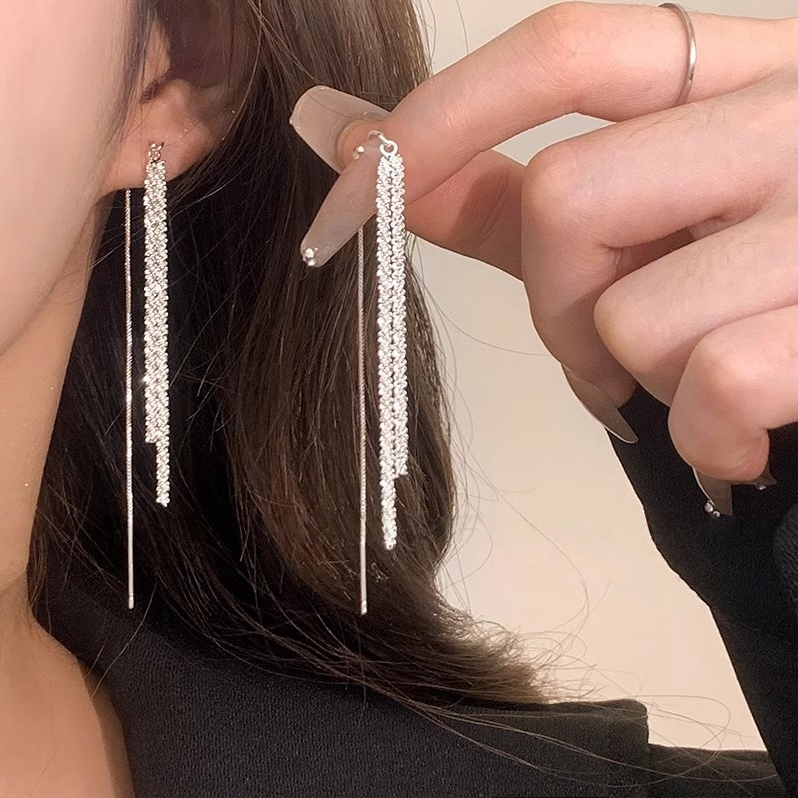 Double Sparkle diamond Tassel Long Drop Earrings (Delicate Luxury Silver Dangles)