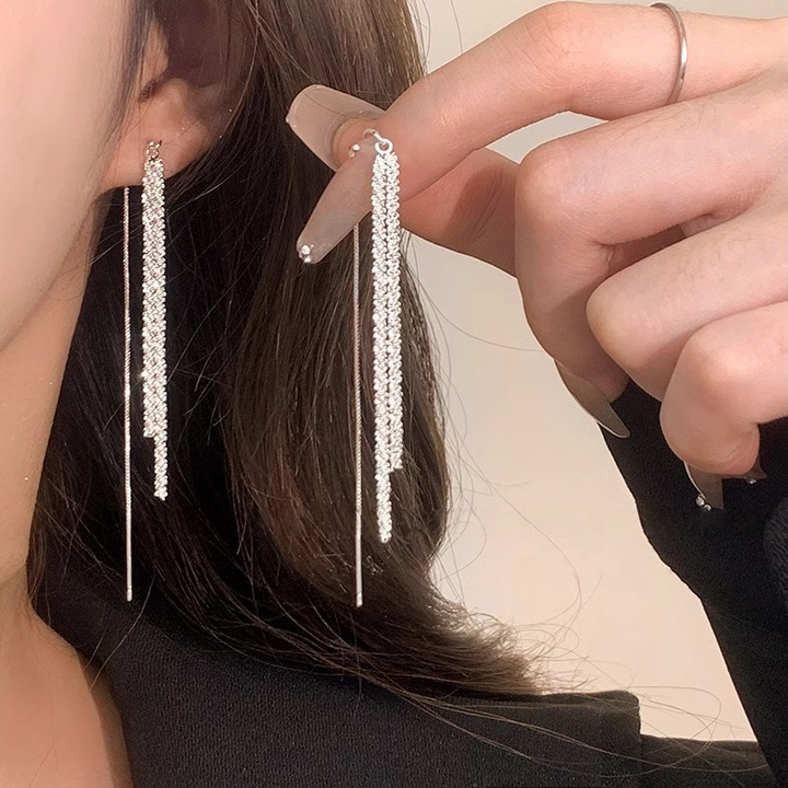 Double Sparkle diamond Tassel Long Drop Earrings (Delicate Luxury Silver Dangles)