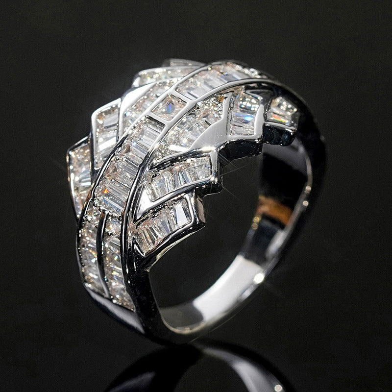 Double Layer Interwoven Baguette Diamond Wavy Wide Ring, Solid S925 Silver Gold & Silver Two-Tone Luxury Heavy Pave Band