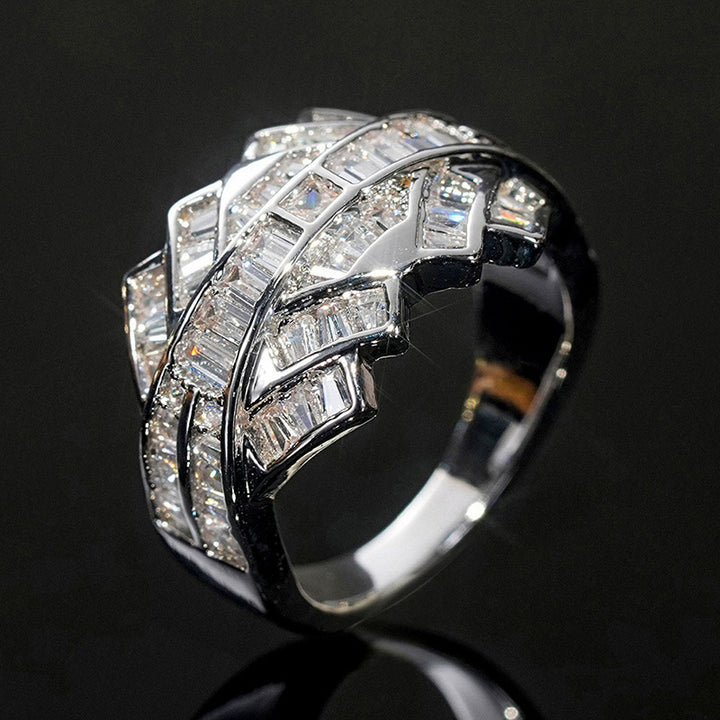 Double Layer Interwoven Baguette Diamond Wavy Wide Ring, Solid S925 Silver Gold & Silver Two-Tone Luxury Heavy Pave Band