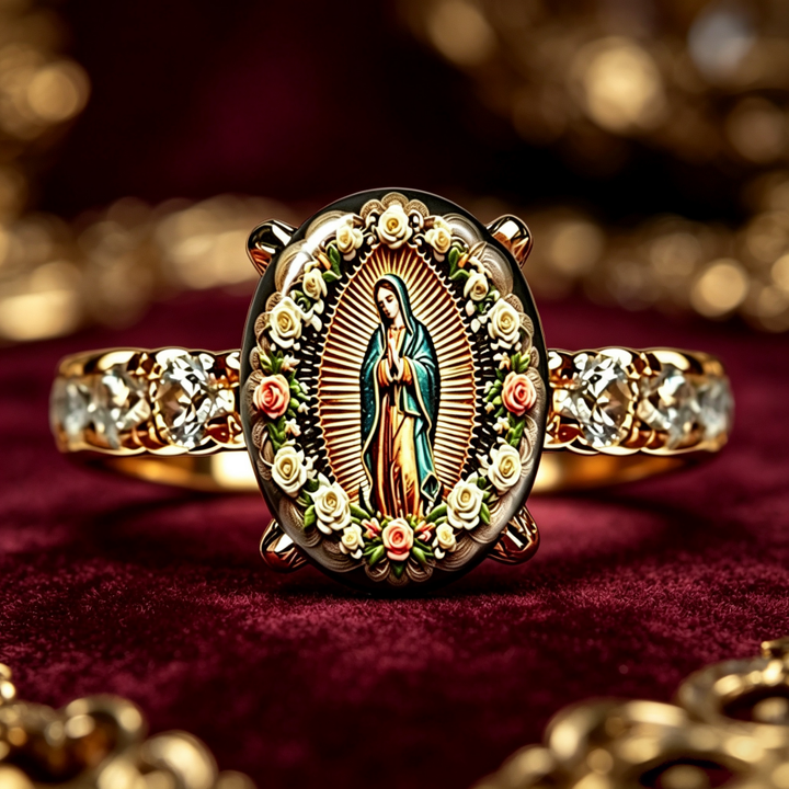 Our Lady of Guadalupe Floral Diamond‑Accented Religious Ring For Women