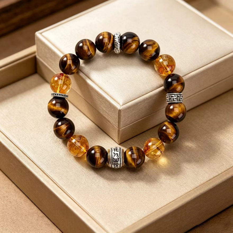 Tiger's Eye & Citrine Beaded Bracelet for Men, Vintage Silver Charm Round Bead Bracelet