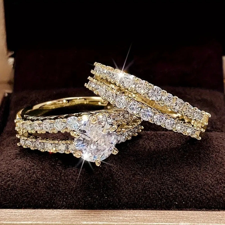 3-Row Pavé Center Stone Engagement Ring Set (Luxury Stackable Proposal Band 3-Piece)