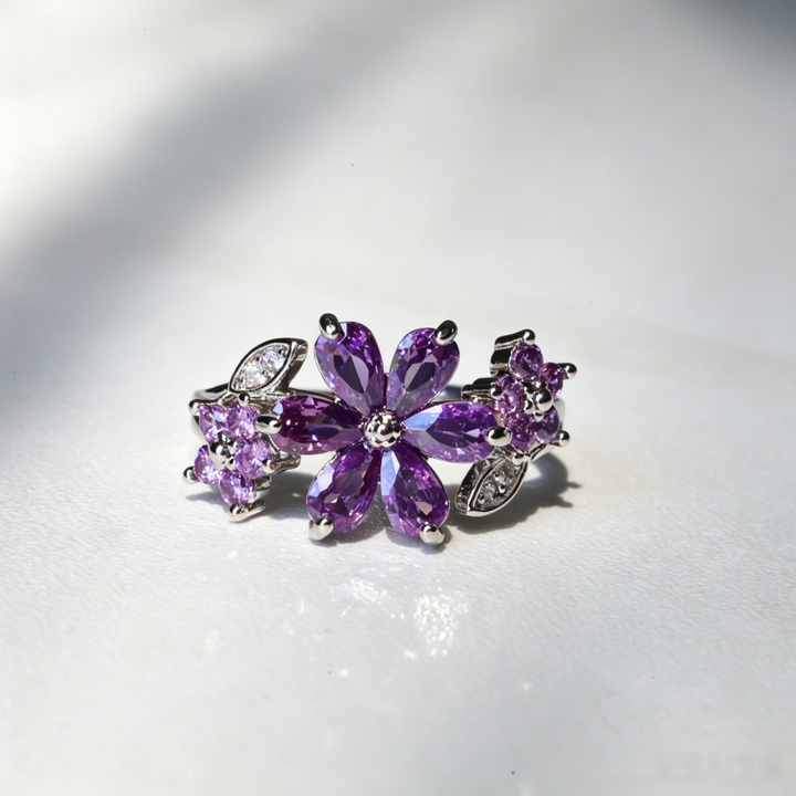 Vintage Amethyst Floral Open Ring, Luxury 3-Flower Diamond Adjustable Women Statement Ring