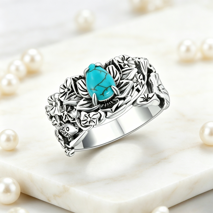 Antiqued Lotus & Koi Turquoise Wide Ring, S925 Silver Oriental Pond Style Carved Band For Women