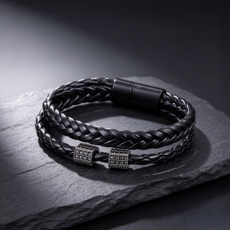 Double Layer Braided Leather Men's Bracelet, Magnetic Clasp Wrist Jewelry with Rhinestone Tube Beads