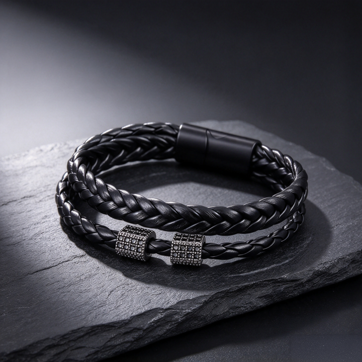 Double Layer Braided Leather Men's Bracelet, Magnetic Clasp Wrist Jewelry with Rhinestone Tube Beads