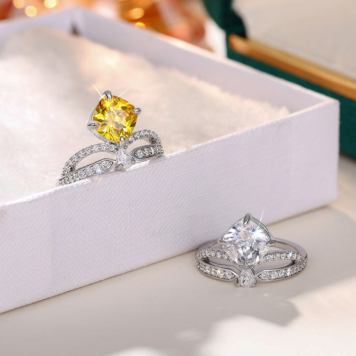 S925 Silver Cushion‑Cut Twisted Shank Diamond Ring, Two‑Color Option Luxury Engagement Ring for Women