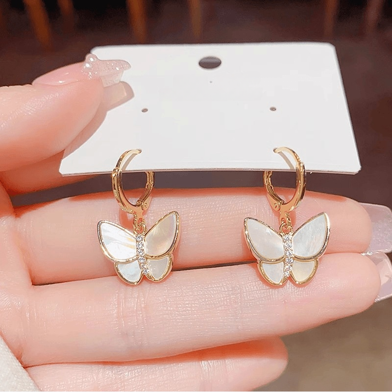 Light Luxury Enamel & Shell Butterfly Hoop Earrings, Delicate Paved Diamond Dainty Gold Dangle Earrings for Women