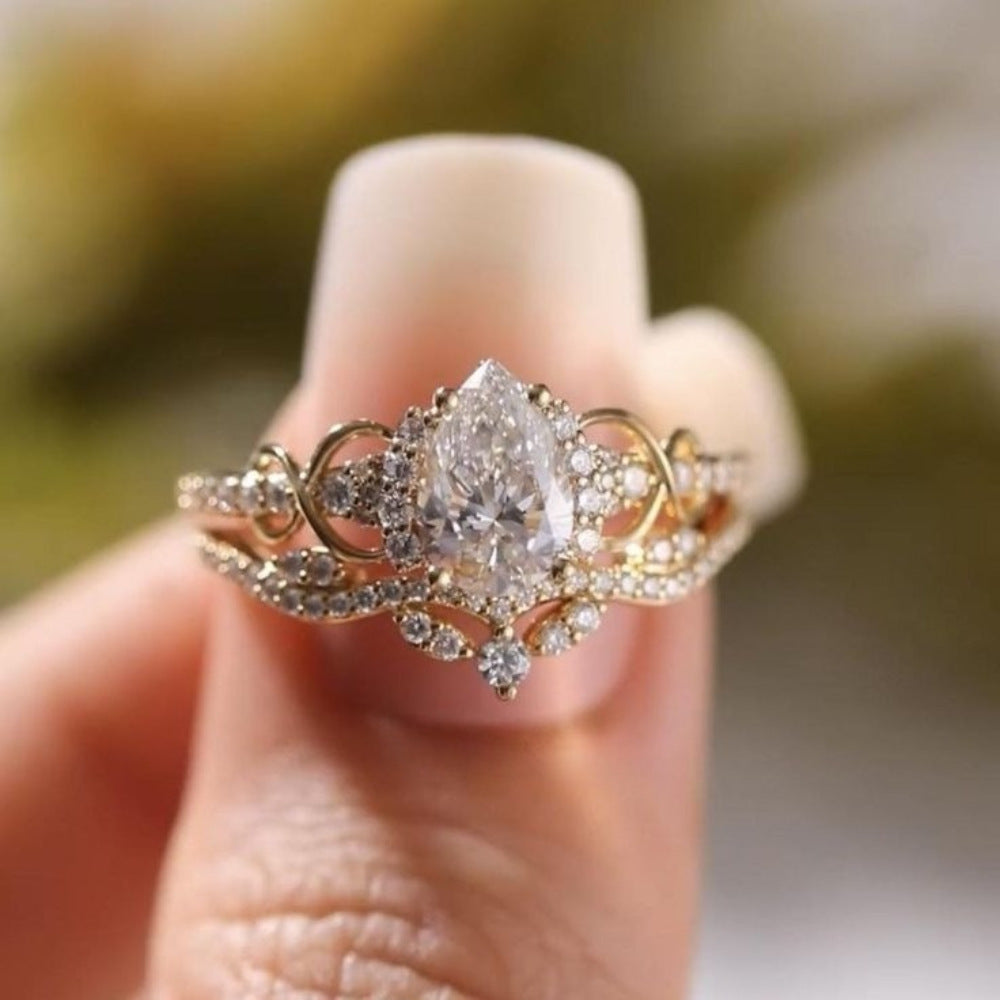 Crown Pear-Shaped Main Diamond S925 Silver Ring, Gold Double Layer Hollow Diamond Inlaid Band, Luxury Engagement Promise Ring