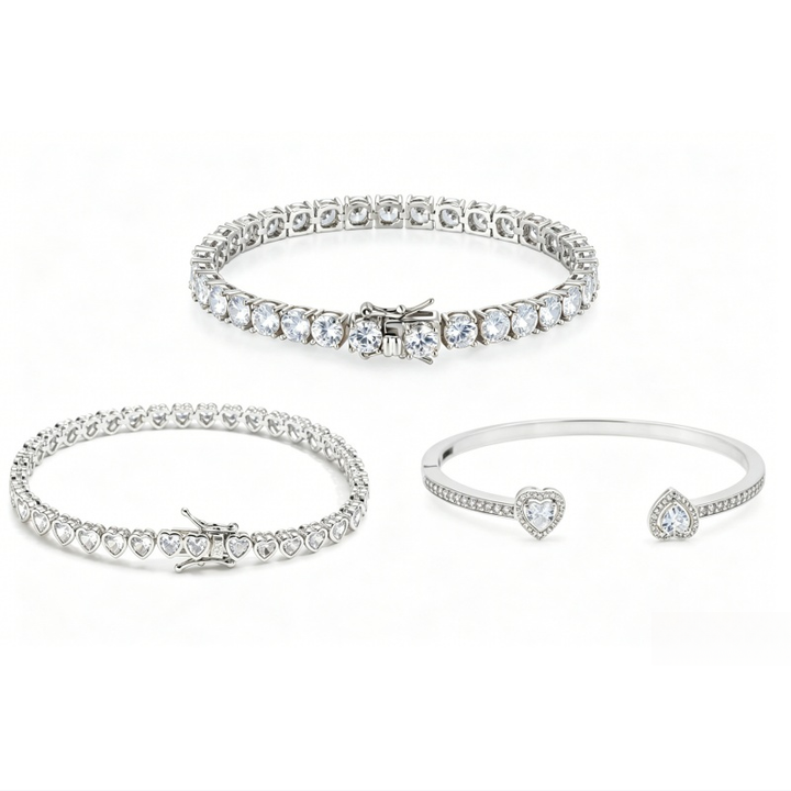 Luxury Diamond Bracelet Trio (Heart Cuff, Round Tennis, Heart Tennis)